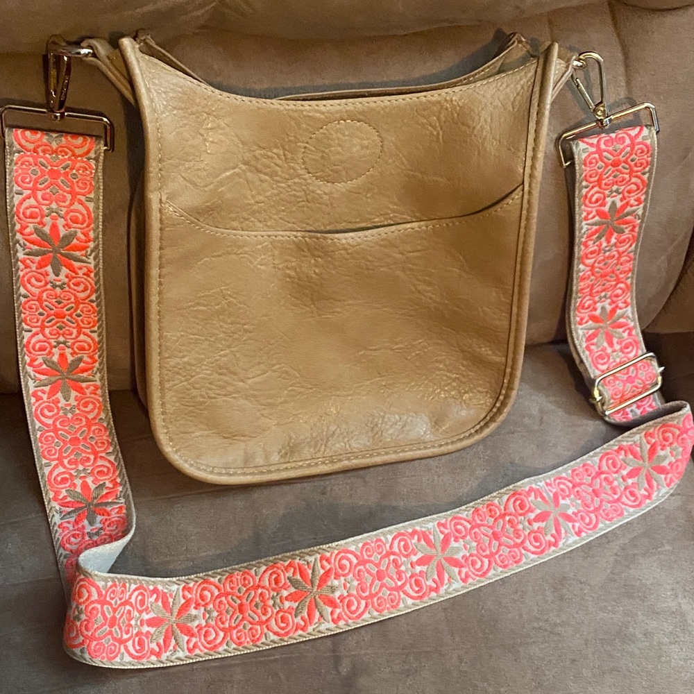 AhDorned Tan Leather Crossbody Bag with Embroidered Strap NEW